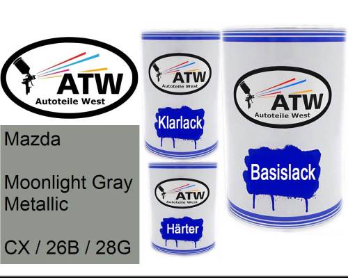 Mazda, Moonlight Gray Metallic, CX / 26B / 28G: 500ml Lackdose + 500ml Klarlack + 250ml Härter - Set, von ATW Autoteile West.